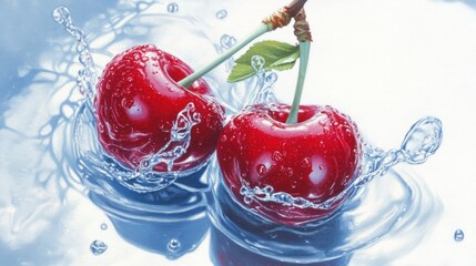 Poster - Two ripe red cherries splashing in clear water, creating dynamic ripples and droplets.