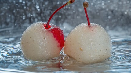 Poster - Two white cherries, partially submerged in water, with a splash effect.