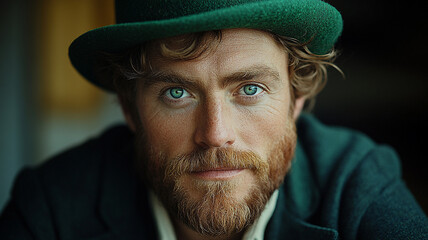 Wall Mural - A young man in a green hat. St. Patrick's Day.