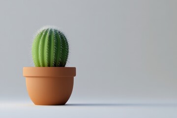 Wall Mural - A spherical cactus in a terracotta pot sits on a plain background