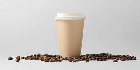 Eco-friendly disposable coffee cup surrounded by roasted coffee beans on a white background, emphasizing sustainability and takeaway coffee culture for modern urban lifestyles.