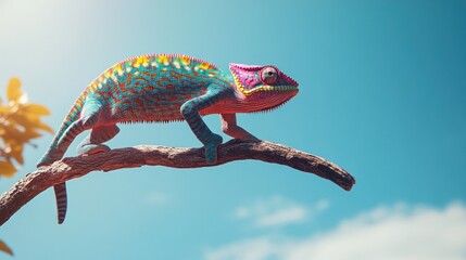 Poster - Vibrant chameleon on branch against a sunny sky.