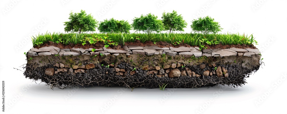 Layers of the earth revealed with greenery on top in cross-section view ...