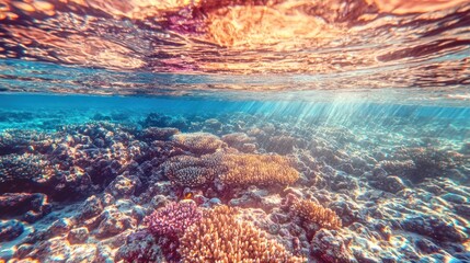 Sticker - Vibrant coral reef underwater scene with sunlight beams.