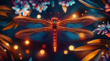 Wall Mural - Vibrant dragonfly amidst glowing flowers and bokeh lights.