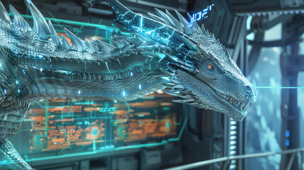 Explore the fusion of side view futuristic technologies with mythical creatures using digital photorealistic rendering Imagine a majestic dragon interacting with holographic displays