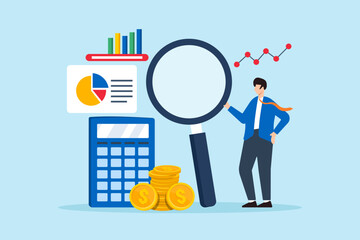 Flat illustration of businessman using magnifier to plan budget with calculator coin and chart symbolizing financial management