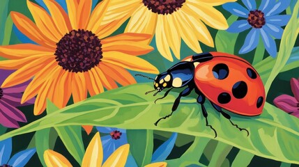 Poster - Vibrant ladybug on a leaf amidst colorful flowers.