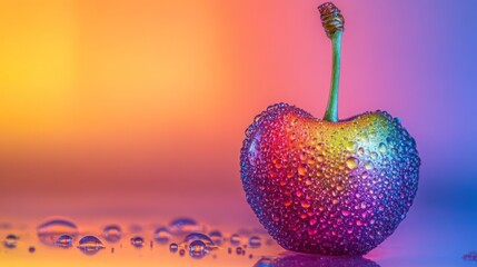 Poster - Vibrant rainbow cherry with water droplets on colorful background.