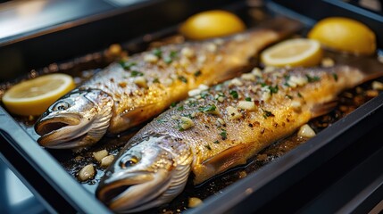 Wall Mural - Two delicious seasoned trouts baking in a pan with lemon and garlic