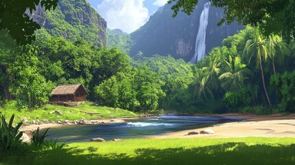 Canvas Print - Secluded Tropical Hut by Waterfall River Scene