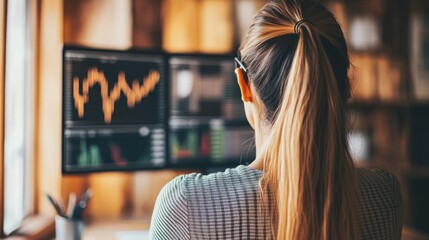 Canvas Print - Woman analyzing stock market data on dual monitors in home office.