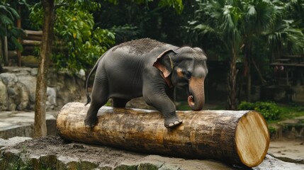 Poster - Young elephant playfully walking on a large log in a lush green environment.