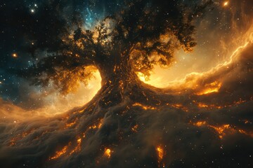 Wall Mural - A towering nebula in the shape of a colossal tree, with roots of glowing gas and branches reaching out into the stars