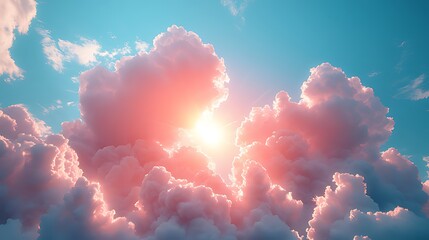 Wall Mural - pink sunset cloudscape, sunburst through fluffy clouds, sky background, idyllic scene