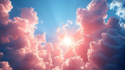 Wall Mural - pink sunrise cloudscape, aerial view, sun rays