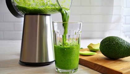 Canvas Print - Fresh green smoothie being poured into a glass. Healthy lifestyle concept.