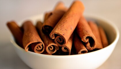 Wall Mural - Warm cinnamon sticks in a bowl. Aromatic and inviting.