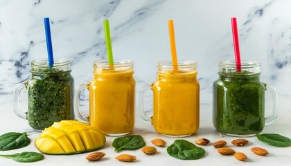 Canvas Print - Four mason jars of vibrant smoothies: green, yellow, and mango slices.