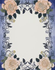 Wall Mural - Elegant floral frame with peach roses and ornate details on a blue-grey background.