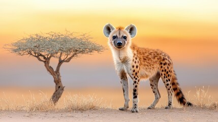 a contemplative portrait of a spotted hyena, showcasing its unique markings, with a soft-focus n lan