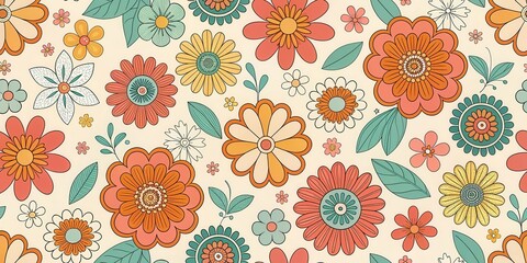 Retro Floral Pattern A Delightful Arrangement of Vintage-Style Blooms in a Seamless Design