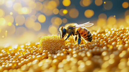 Sticker - Golden Honeybee on Pollen: A Macro Photography of Nature's Sweetness