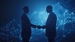 © KamStudio - Two businesspeople shaking hands in office, symbolizing partnership and collaboration, dark blue wireframe background with glowing lines.