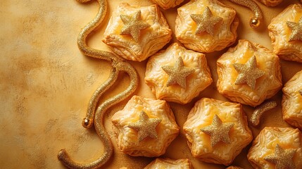 A festive Purim display. This top view showcases tasty hamantaschen, Star of David decorations, and gold serpentine, all laid out on a cheerful yellow background with space for text