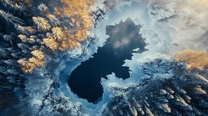 Wall Mural - Aerial view of frozen lake surrounded by snow-covered pine forest at sunrise.