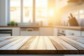 Canvas Print - Wooden table, kitchen backdrop, sunlight, food display, mockup