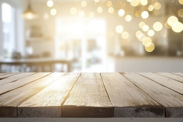 Poster - Rustic wooden table, cafe background, bokeh lights, product display (3)