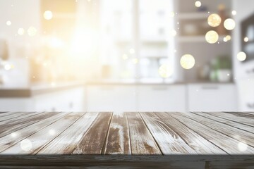 Wall Mural - Rustic wood tabletop, kitchen bokeh, festive lights, product display