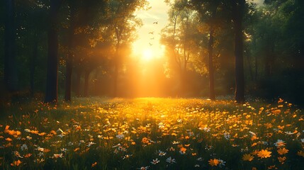 Wall Mural - Sunlit Forest Meadow Sunset, Birds Flying, Peaceful Nature Scene