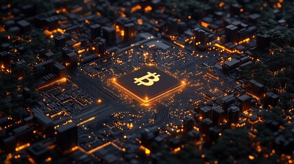 Wall Mural - a golden bitcoin symbol integrated into a high-tech circuit board, symbolizing the advanced technolo