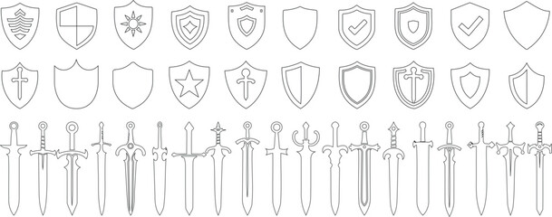 Wall Mural - vector line art of medieval shields and swords. set includes knight weapons, emblems, and armory des