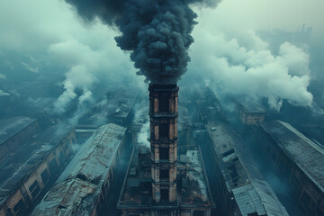 A conceptual scene of air pollution with towering smokestacks releasing thick, black plumes of smoke into a dull, hazy sky