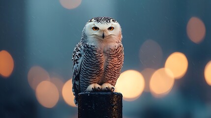 Wall Mural - Snowy owl perched, city lights bokeh, night, wildlife photography