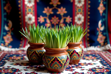 Vibrant Nowruz Haft-Seen: Sumac, Garlic, Vinegar, Apples, Coins, Samanu, and Hyacinth with Traditional Textile Background