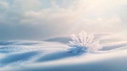Wall Mural - Single snowflake in snowy landscape, sunlit.