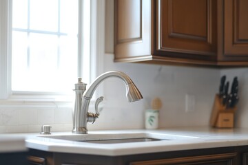 Wall Mural - Modern kitchen sink faucet, sunlight, cabinets, counter