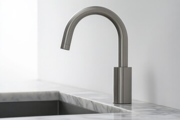 Wall Mural - Modern sensor faucet, marble countertop, bathroom, minimalist design, clean background, product shot