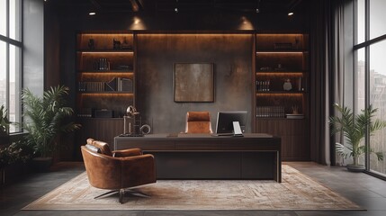 Wall Mural - A modern office with a brown leather chair and a wooden desk. The room is well lit and has a minimalist design