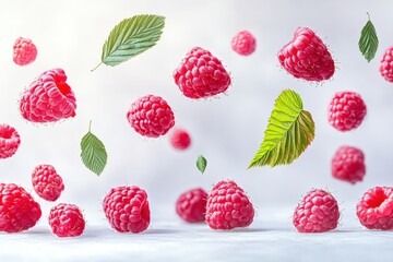 Sticker - Flying raspberries, leaves, white background, food photography, recipe