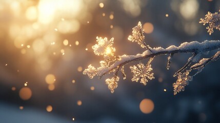 Wall Mural - Frosty winter branch with sunlight bokeh.