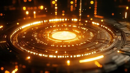 A glowing blockchain interface surrounded by binary code and futuristic light effects.