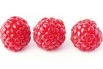 Wall Mural - Three ripe raspberries on white background, food photography, website use