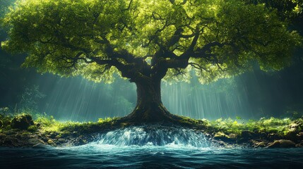 Wall Mural - Ancient tree by a stream, sunlight rays.