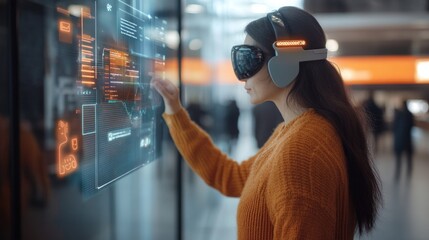 Immersive technology experience: woman using AR interface in public space