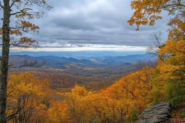 Wall Mural - Autumnal mountain vista, panoramic view, cloudy sky, fall foliage, scenic overlook